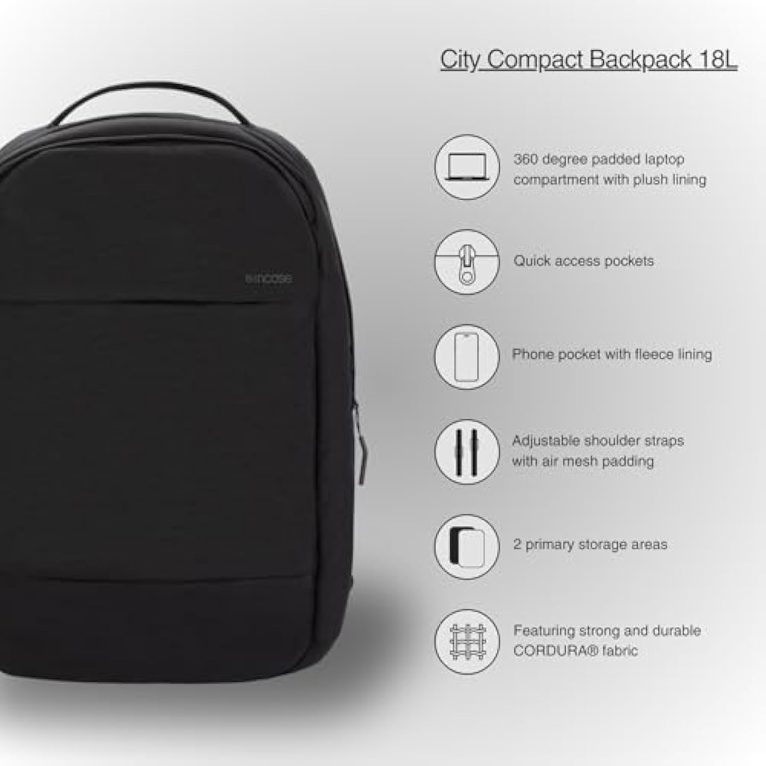 Incase Compact City Backpack – 18L Everyday Travel Tech Backpack and Laptop Bag for Work or School – Three Pockets, 16” Padded Laptop Sleeve, Quick Access Pocket – Cordura Black