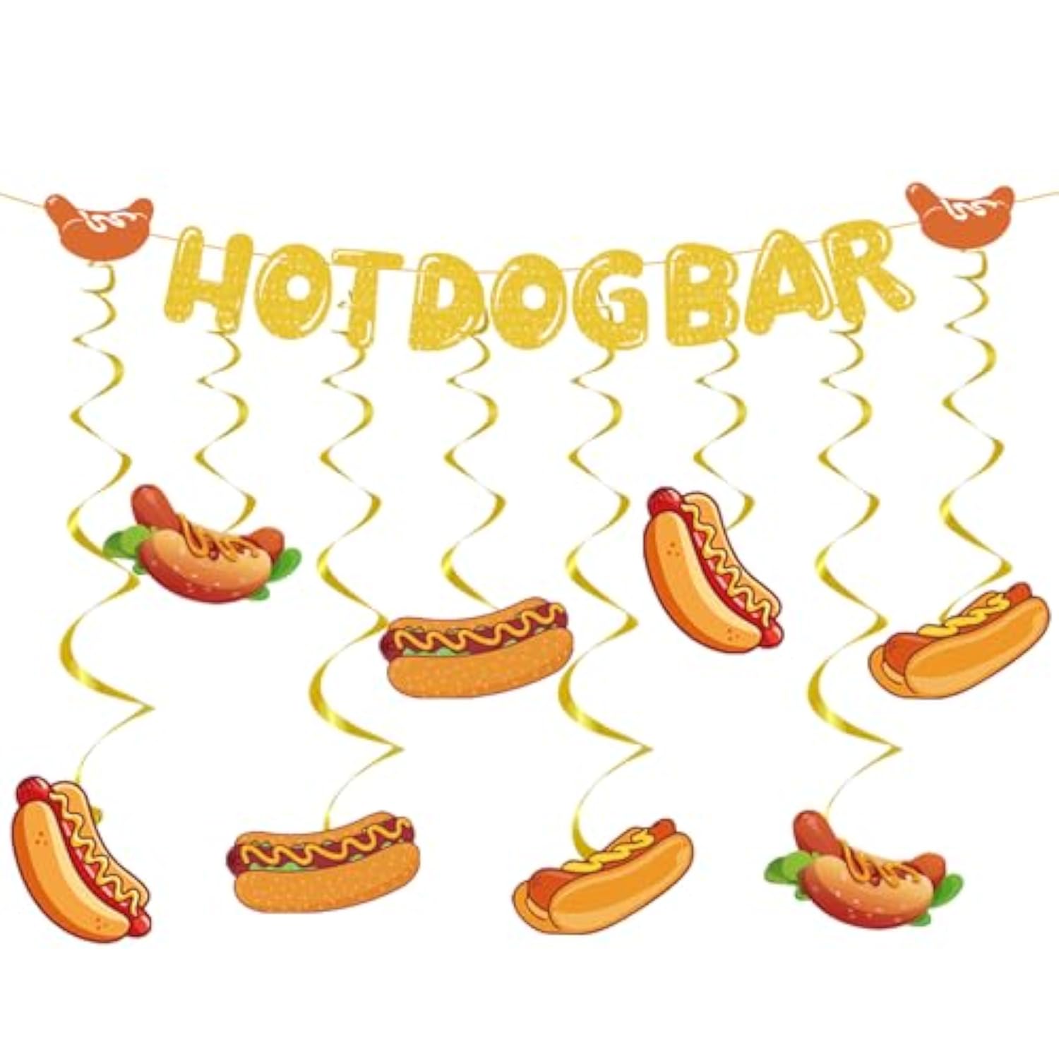 9 Pcs Hotdog Bar Glitter Banner & Hanging Swirls for Sausage Food Party Decor