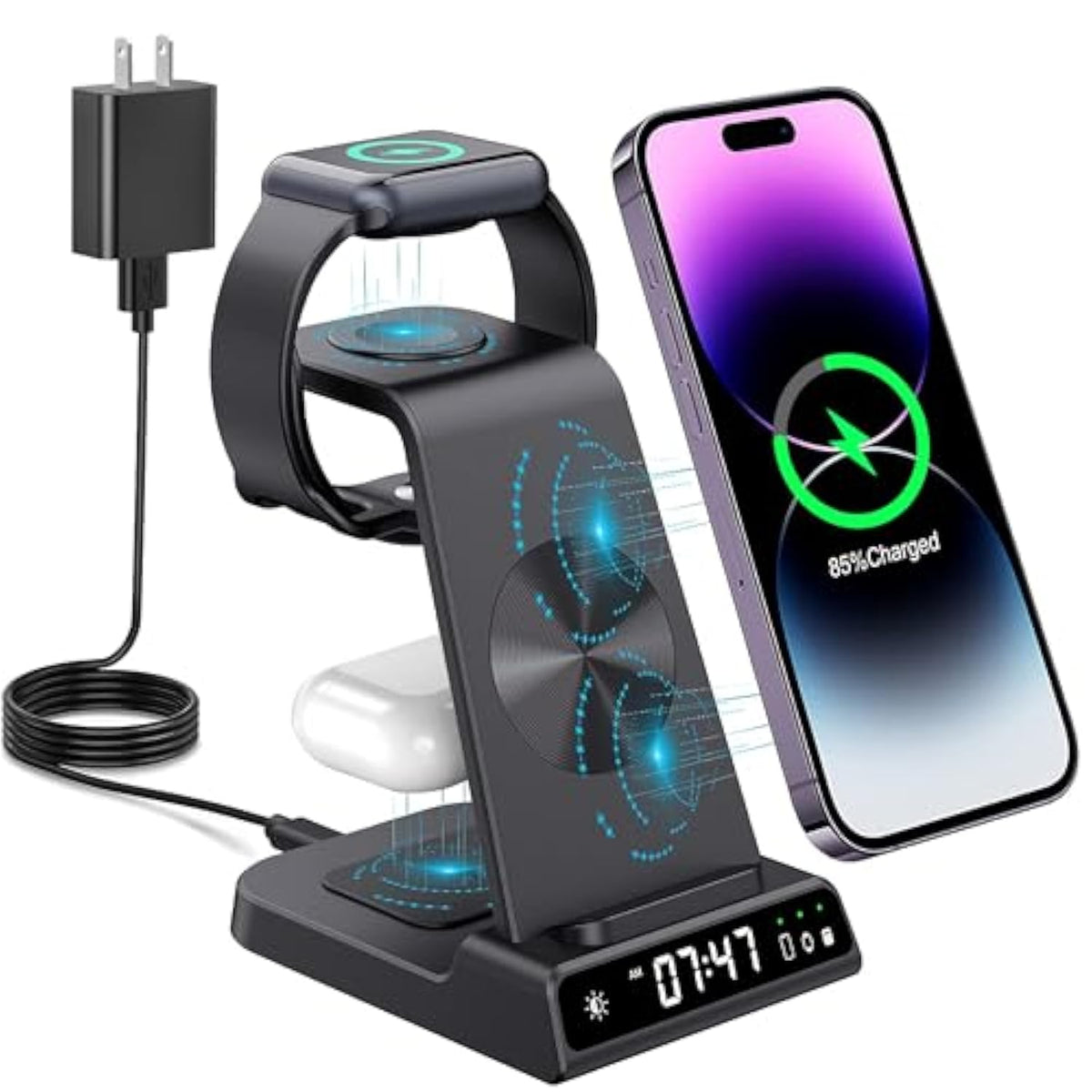 Wireless Charging Station, 3 In 1 Watch Charger Stand With Digital Clock Suitable For Iwatch Se/6/5/4/3/2/1,Airpods Pro, For Iphone 16/15/14/13/12/11 Pro Max/Xs/Xr/X/8/Samsung S23/S22/S21