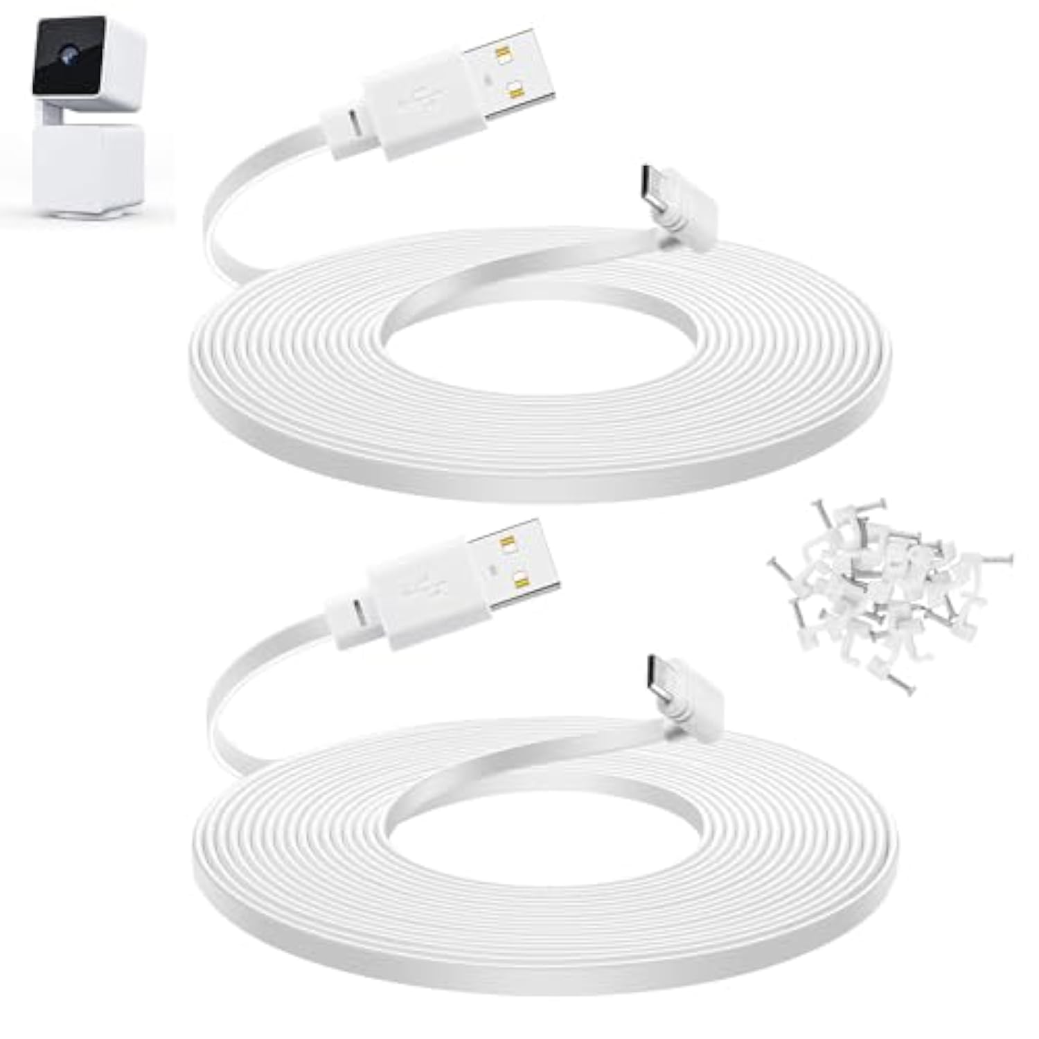 Smays 10 ft Cable for WYZE Cam Pan v3 Camera, Long Micro USB Flat Power Cord, 90 Degree 2-Pack, White