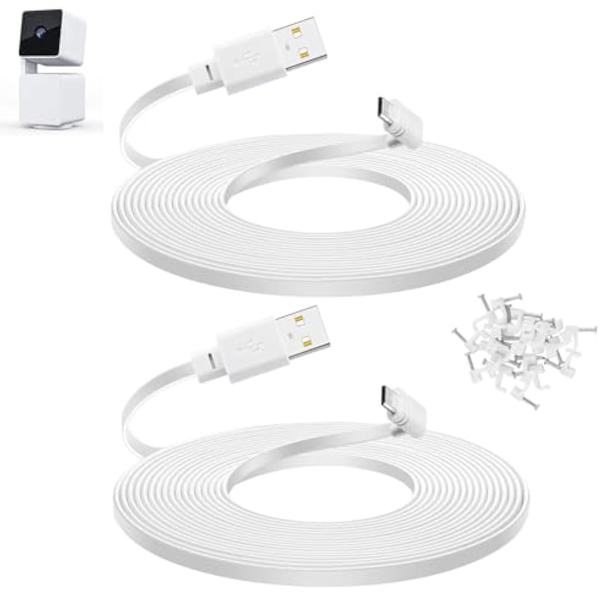 Smays 10 ft Cable for WYZE Cam Pan v3 Camera, Long Micro USB Flat Power Cord, 90 Degree 2-Pack, White