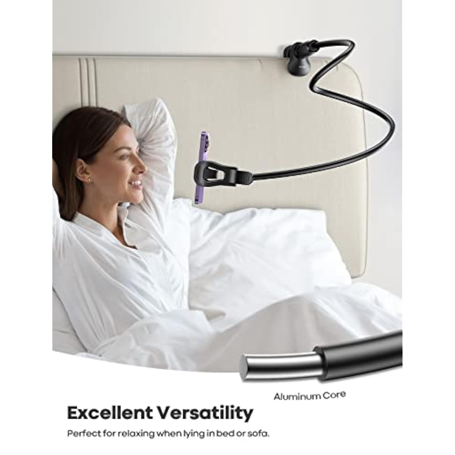 Gooseneck Phone Holder For Bed - [Upgraded Stable Clip] For Desk, Headboard, Bed, Bedside, Table, Flexible Gooseneck Long Arm Stand, Overhead Cell Phone Clamp Mount, For All 4-7” Devices