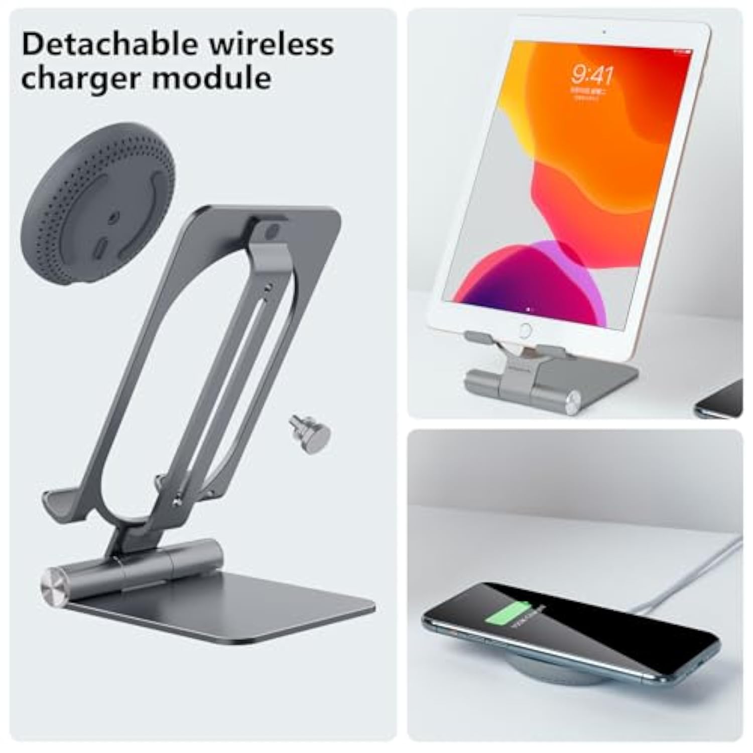 Fast Wireless Charger - Metal Foldable And Adjustable Wireless Charging Stand For Iphone 16 15 14 13 12, Samsung Galaxy S25 S24 S23 S22 S21 Ultra/Plus And Android Phones, Space Grey