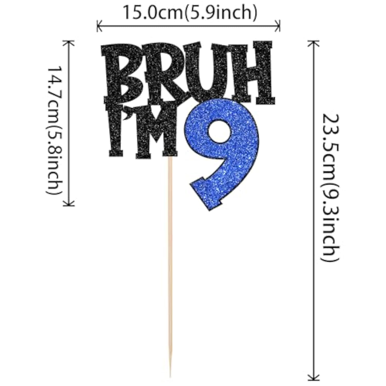 Bruh I'm 9 Glitter Cake Topper Blue Happy 9th Birthday Party Decor