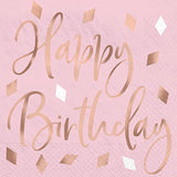 Happy Birthday Dessert Party Supply Pack | Bundle Includes Paper Appetizer/Dessert Plates And Napkins For 16 People | Rose Gold And Blush Design | Sparkly Birthday Supplies For Her