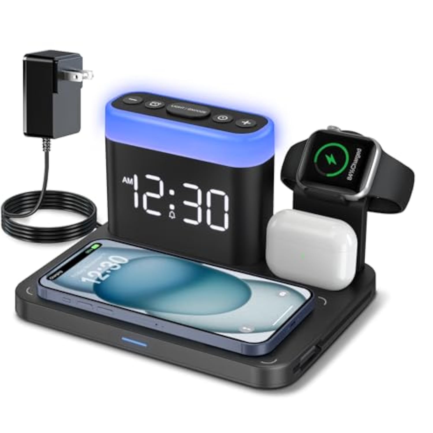 Wirelss Charging Staion,3 In 1 Multiple Charger Stand With Alarm Clock,7 Night Light,Mag-Safe Charging Dock For Iphone 16 15 14 13 12 11 Pro Max Plus,Apple Watch10/9/8/7/Ultra/Se,For Airpods