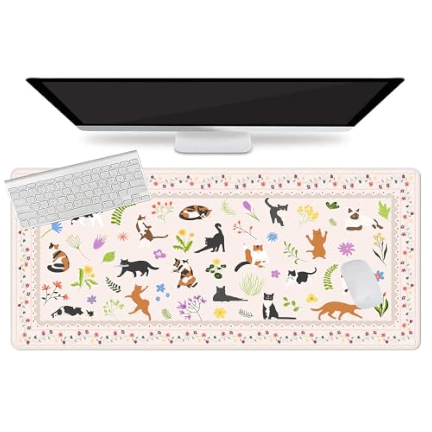 Cute Cats Desk Mat For Keyboard And Mouse,Boho Floral Xxl Large Mouse Pad,35.4X15.7In Non-Slip Rubber Base Keyboard Pad Waterproof Desktop Mat For Laptop Computer Work Game Home Office-Beige