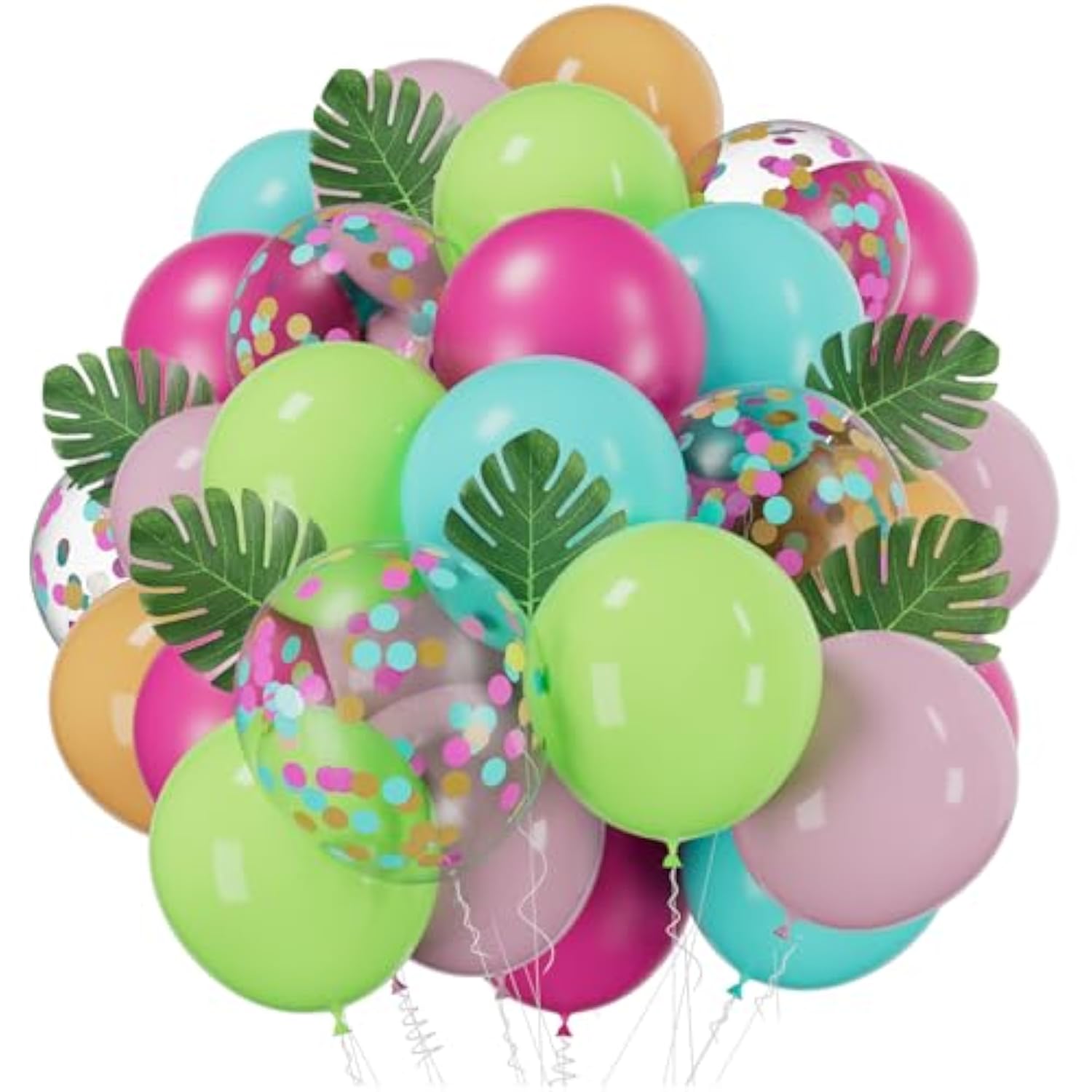 Tropical Balloons Set, 66 Pieces 12 Inches Hot Pink Balloon Green Blue Orange Confetti Ballons With Palm Leaves For Luau Summer Beach Party