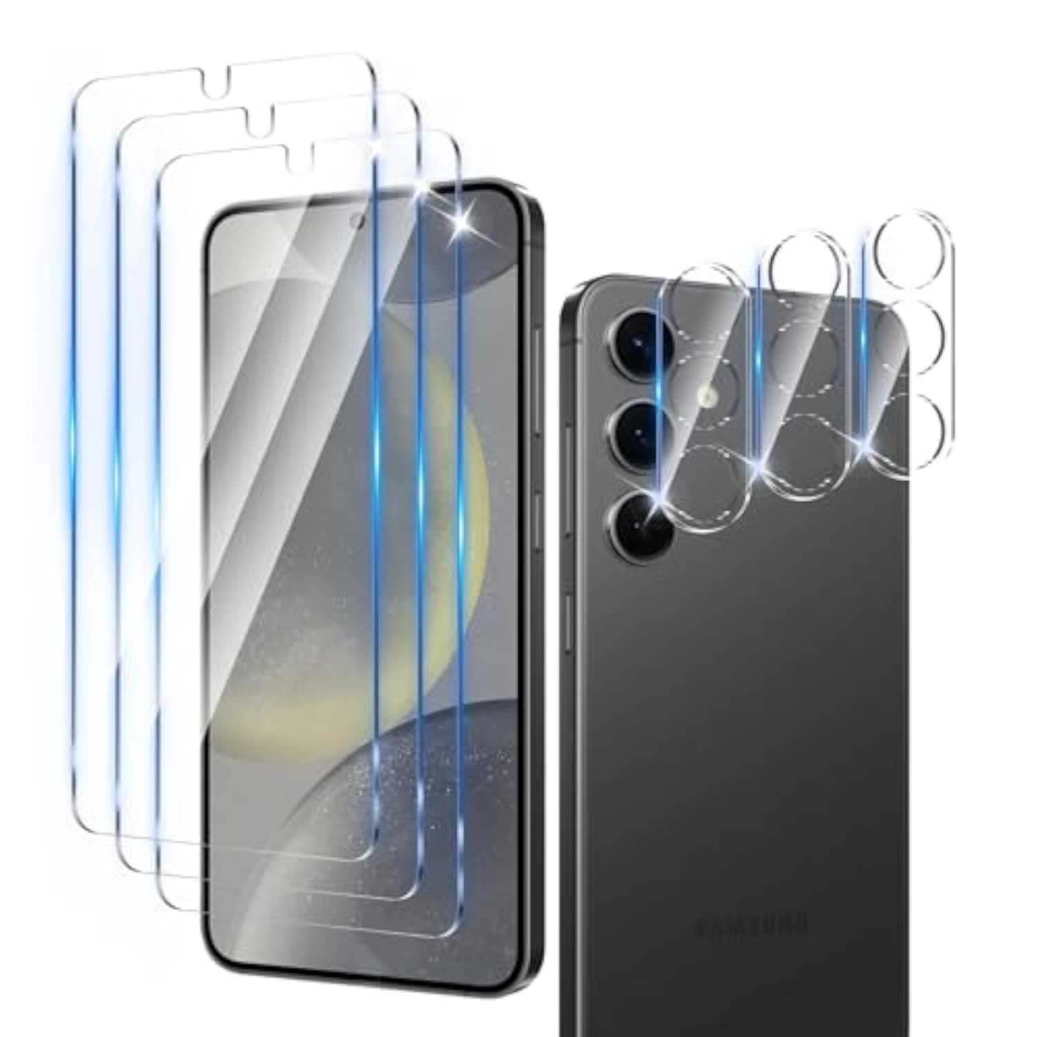 3 Pack Screen Protector Designed For Galaxy S24 Plus With 3 Pack Tempered Glass Camera Lens Protector,Ultra Hd Clear,9H Hardness,Easy Install - Case Friendly,Scratch Resistant