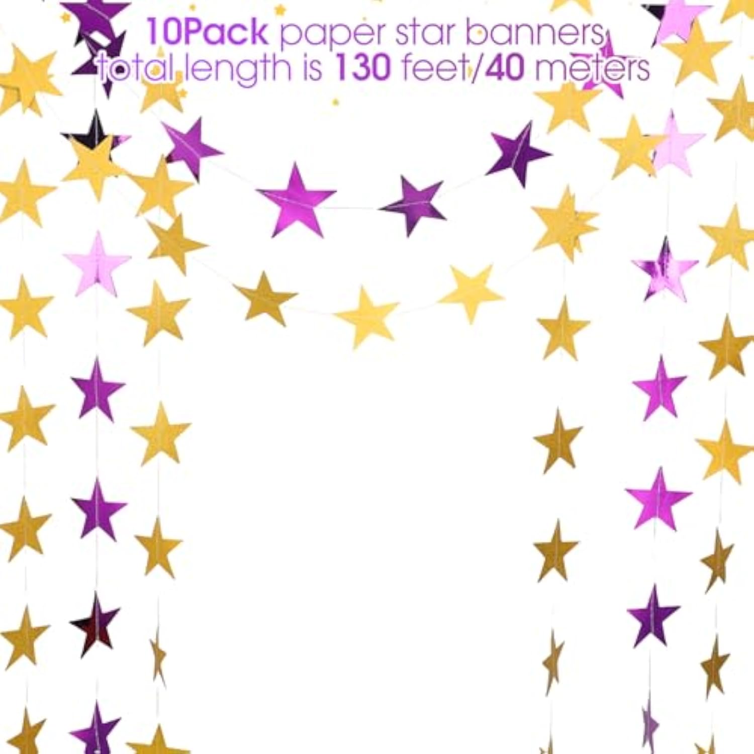 130 Feet Glitter Star Garland Banner Decoration Hanging Star Decoration Gold Black Party Decorations For 2025 Christmas New Year Festival Wedding Birthday Party Decor (Gold And Purple)