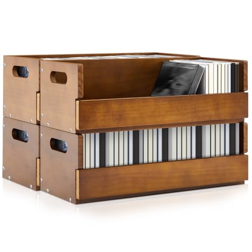 4 Set Wooden CD Storage Box Holder Shelf Cassette Tape Display Racks with Carrying Handles, Organizer Shelf for Movie Cases, DVDs, Each Set Can Store