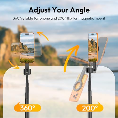 Magnetic Phone Tripod for iPhone, SK27 67" Extendable Selfie Stick with Remote, 360° Rotatable Cell Phone Tripod Stand, Strong Magnet Holder for