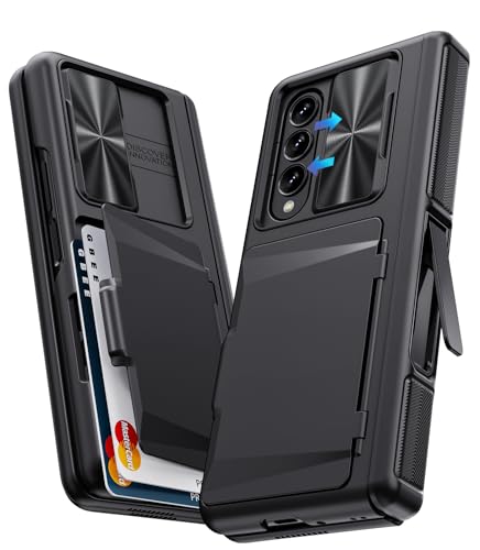 for  Galaxy Z Fold 4 Case with Card Holder & Kickstand & Hinge Protection & Slide Camera Cover & Built-in Screen Protector, Rugged Phone Case