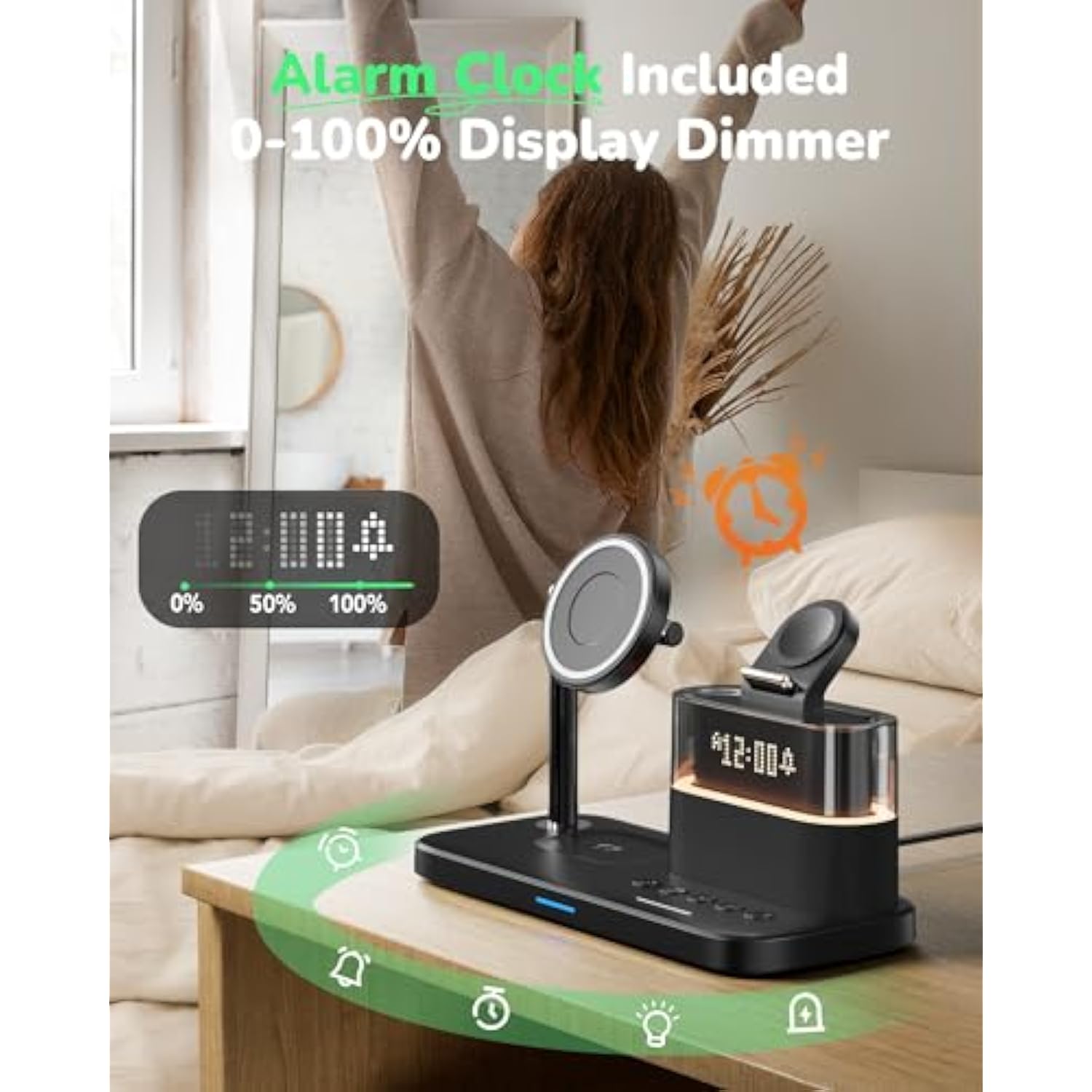 5 In 1 Wireless Charger With Alarm Clock For Apple Multiple Devices,Bedside Night Light Nightstand Mag-Safe Charging Station For Iphone 16/15/14/13/12,Apple Watch,Air-Pods(Black)