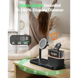 5 In 1 Wireless Charger With Alarm Clock For Apple Multiple Devices,Bedside Night Light Nightstand Mag-Safe Charging Station For Iphone 16/15/14/13/12,Apple Watch,Air-Pods(Black)