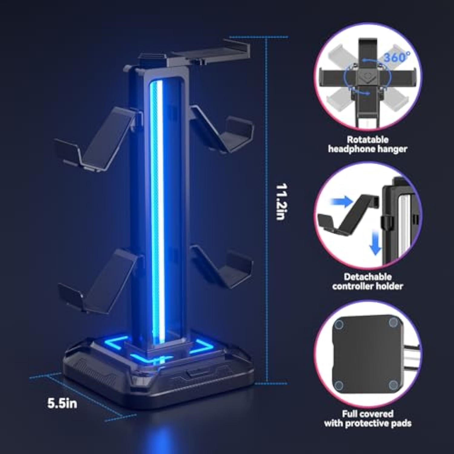 Rgb Headset Stand With 9 Light Modes - Controller Holder For Desk - Rotatable Headphone Stand & Detachable Controller Hook For Pc Earphone Accessories(Black)