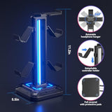Rgb Headset Stand With 9 Light Modes - Controller Holder For Desk - Rotatable Headphone Stand & Detachable Controller Hook For Pc Earphone Accessories(Black)