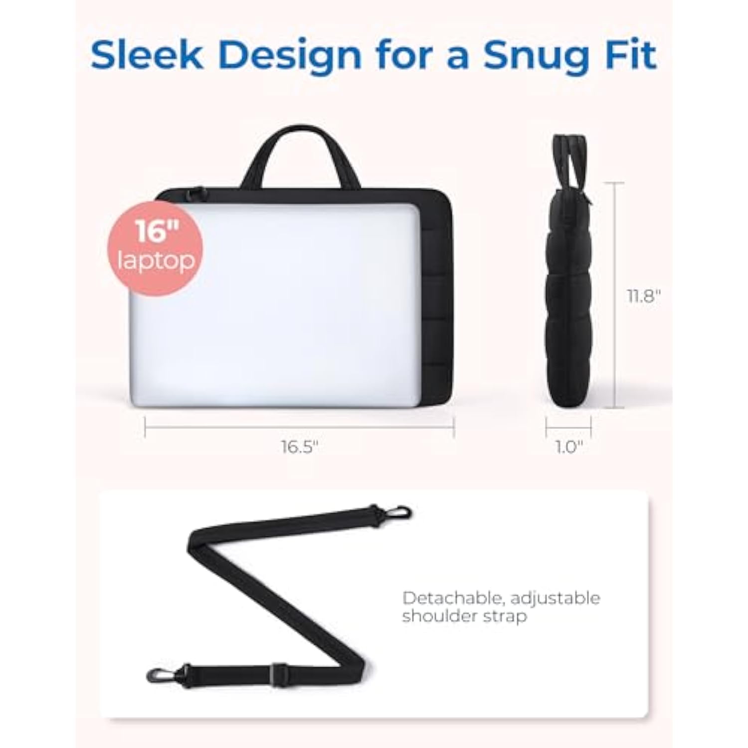 BAGSMART 15-16 inch Laptop Sleeve Bag with Strap, Puffy Padded Laptop Case with Pocket, Portable MacBook Air/Pro 15 inch Case for Women, Repellent Protective Sleeve Compatible with Dell, HP, Black