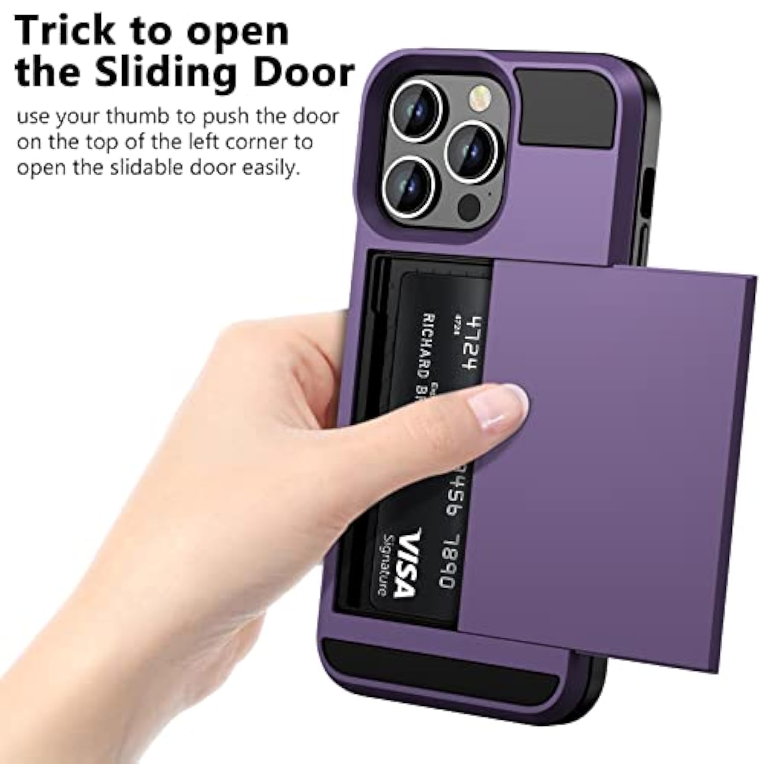 For Iphone 14 Pro Max Case Wallet Credit Card Holder Id Slot Sliding Door Hidden Pocket Men Women Anti-Scratch Dual Layer Hybrid Bumper Armor Protective Shell Back Cover Greypurple 6.7 Inch