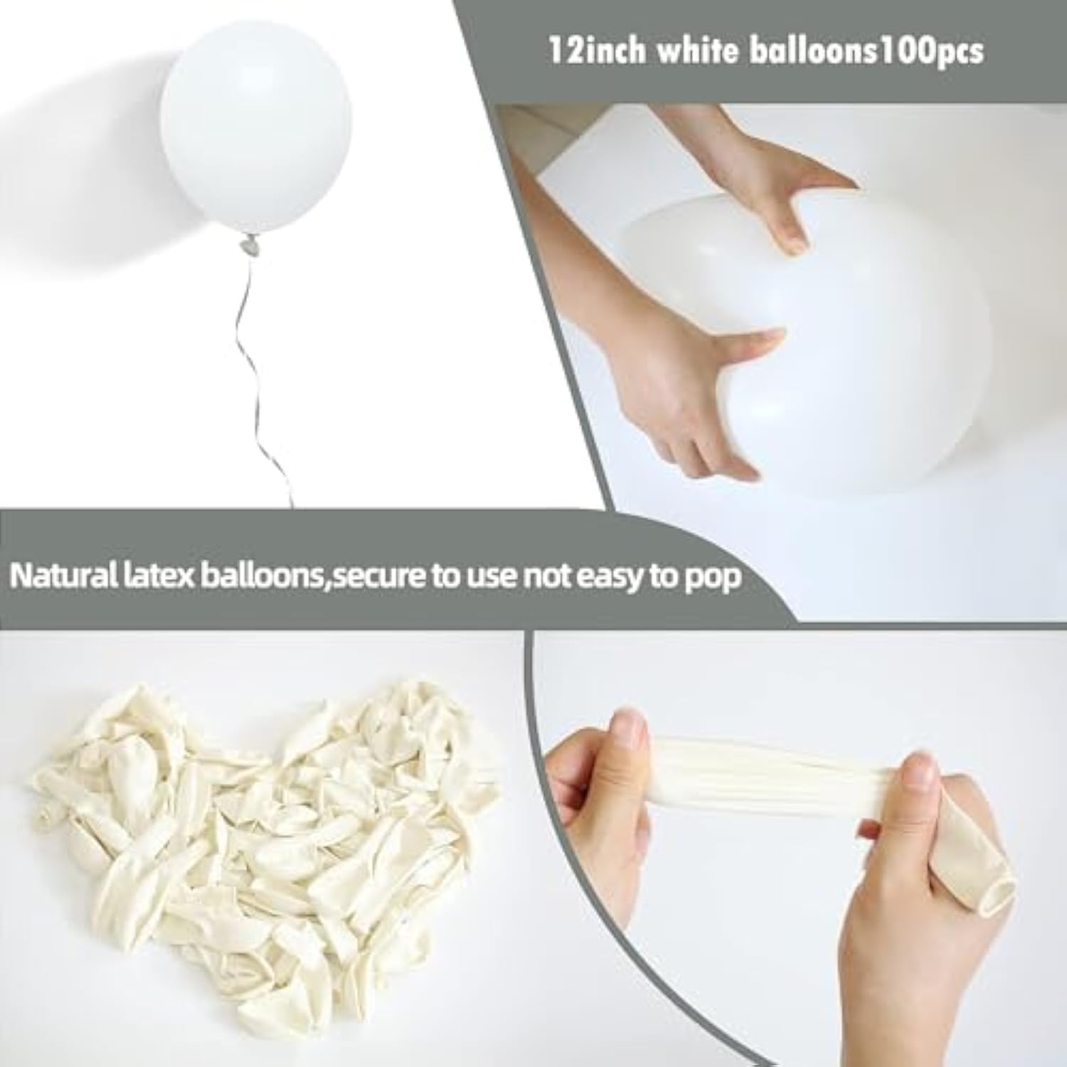 12 Inch White Balloons, 100 Pack Latex Balloons Helium Quality For Birthday, Baby Shower, Wedding Party Decorations With White Ribbon