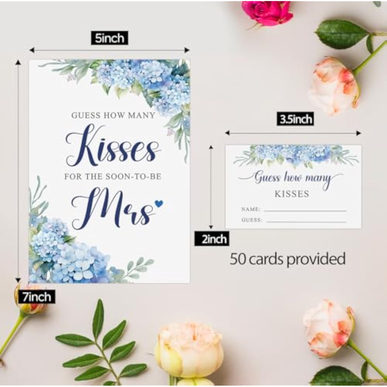 How Many Kisses Bridal Shower Game (1 Sign + 50 Cards), Blue Floral Bridal Shower Games, Something Blue Before I Do Decorations, Bachelorette Guessing Game, Kisses In The Jar Sign -Ghmk05