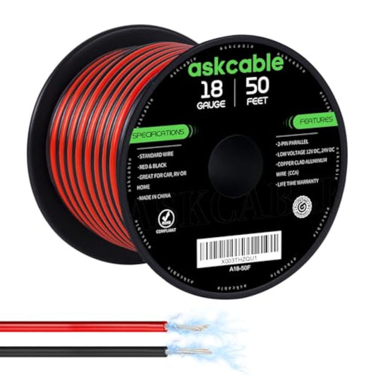 18 Gauge Wire, 18 Awg Electrical Wire Cable, 2 Conductors Red Black Wire, Copper Clad Aluminum(Cca) Flexible Pvc Extension Cord For Speaker, Hookup Led Strips, Automotive 12V/24V Dc (50Ft)