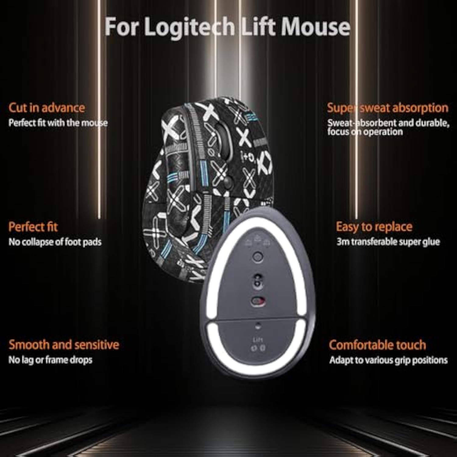 Mouse Grip Tape For Logitech Lift, Rounded Curved Edges Mouse Feet Skates,Self-Adhesive Precut Sweat-Resistant Professional Mice Upgrade Kit(Foot Pad + Black Mouse Grip Tape)