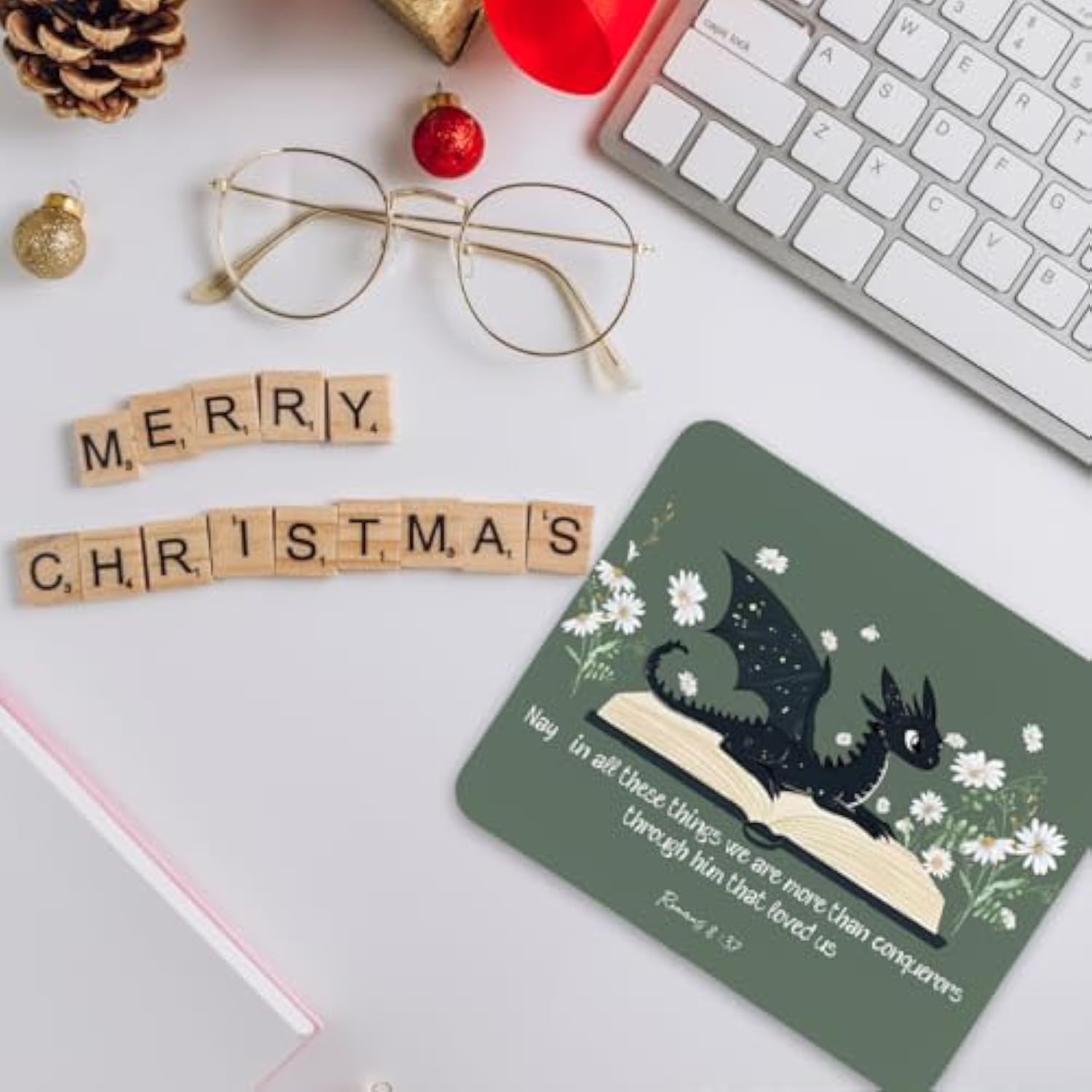 Bookish Cute Dragon Mouse Pad,Green Christmas Mouse Pad Desk Decor For Office,Sage Green Office Decor Desk Accessories For Laptop Gaming Stitched Edge Non-Slip Rubber Base,9.5X7.9 In