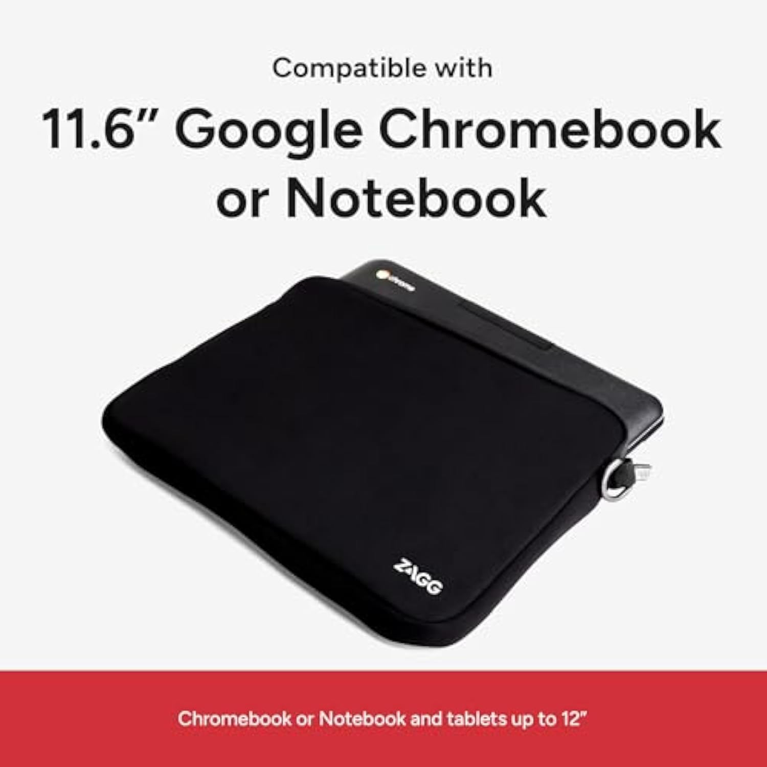 ZAGG - 12 Inch Laptop Sleeve Case, Neoprene Tablet Soft Cover Bag Compatible with Google Chromebook, Google Notebook, Tablets up to 12-inches - Black