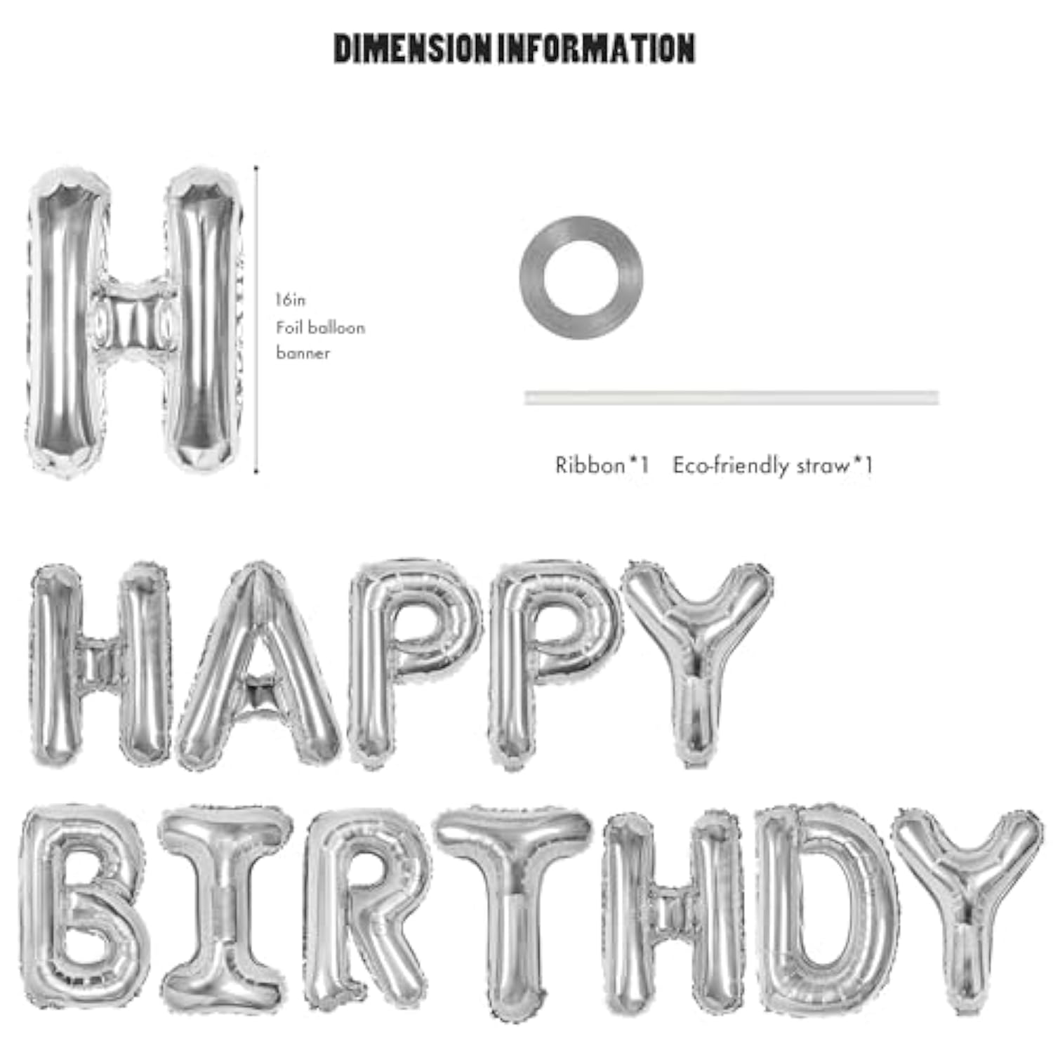 Happy Birthday Banner 13Pcs 16 Inch Mylar Foil Letters Sign Balloons Birthday Party Decorations For Kids And Adults - 3D Silver