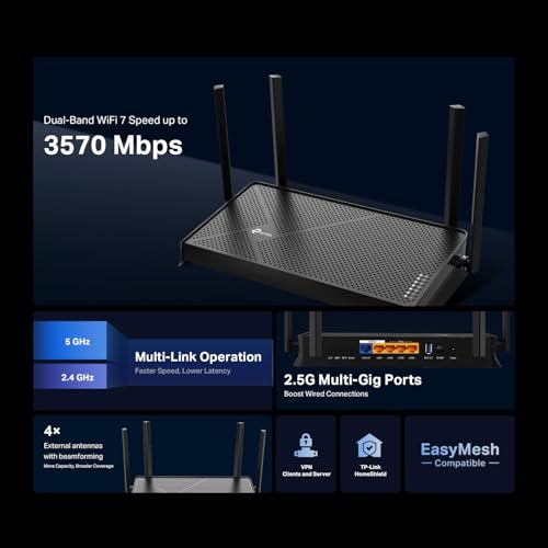 Dual-Band Be3600 Wi-Fi 7 Router Archer Be230 | 4-Stream | 2×2.5G + 3×1G Ports, Usb 3.0, 2.0 Ghz Quad Core, 4 Antennas | Vpn, Easymesh, Homeshield, Mlo, Private Iot | Free Expert Support