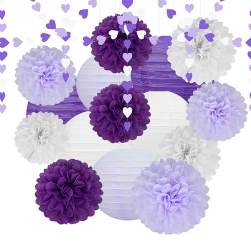 White Purple Party Decorations - 17Pcs Tissue Pom Poms Paper Flowers Lanterns Birthday Valentines Day Decorations Baby Girl Shower Women Bridal Wedding Engagement Bachelorette Graduation Hanging Decor