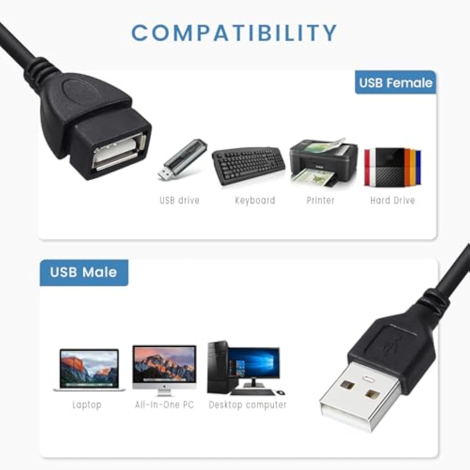 USB Extension Cable 10 ft Long 3-Pack, Male to Female USB-A 2.0 Extender Cord