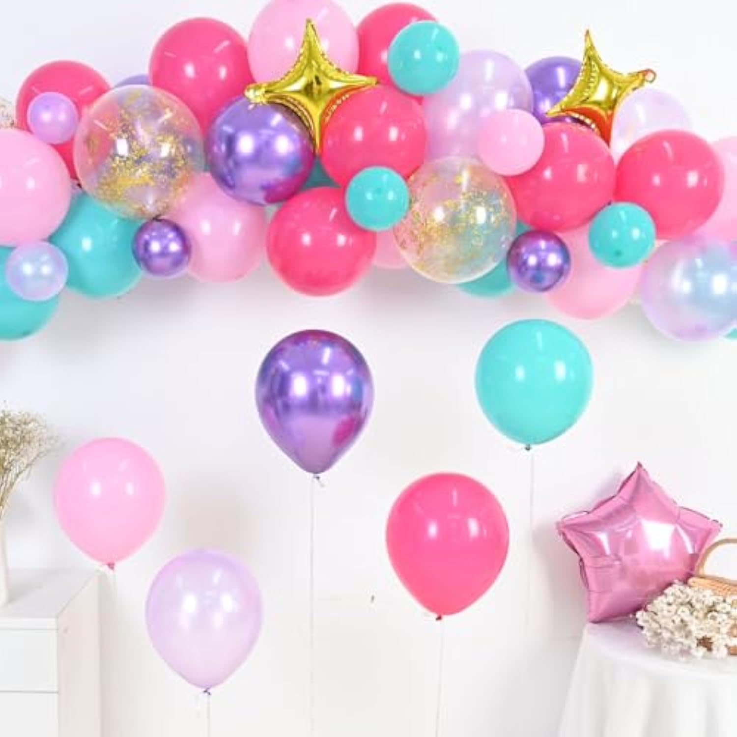 Pink Purple Balloon Arch Kit, Blue Pink Purple Balloon Arch Kit, Hot Pink Teal Balloons Arch, Hot Pink Balloon Garland With Confetti And Foil Balloons For Girls Birthday Party Decorations