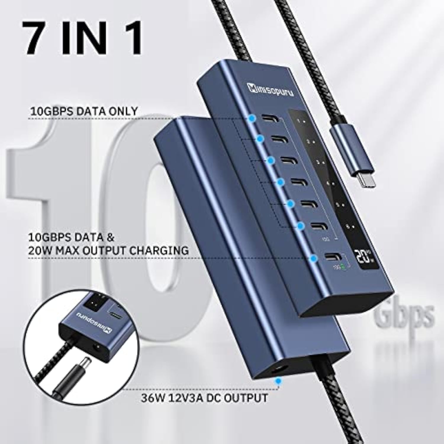 Powered Usb C Hub, 10Gbps Usb-C Hub 4 Ports Support Data & Smart Charging(Not