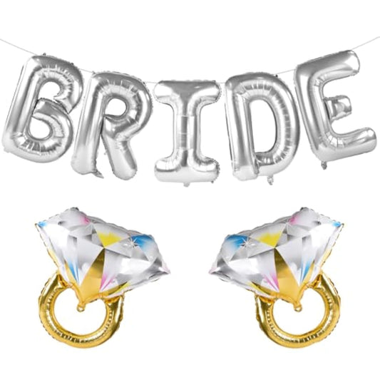 Large Bride Balloons Silver With 2 Ring Balloons For Bridal Shower Bachelorette Engagement Party Decorations, Silver