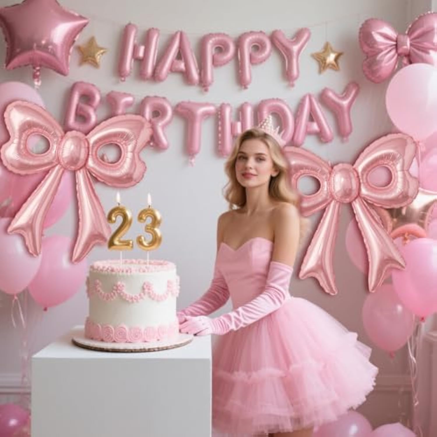 Pink Happy Birthday Balloons, 31”Huge Pink Bow Aluminum Foil Balloons For Girl Woman Birthday, Princess, Coquette Party Decorations Supplies