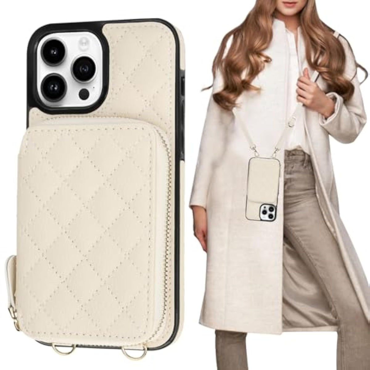 Crossbody Wallet Case For Iphone 13 Pro Max, Rfid Blocking Pu Leather Zipper Handbag Purse Flip Cover, Kickstand Folio Case With Card Slots Holder Wrist Strap Lanyard 5G 6.7 Inch (Beige)
