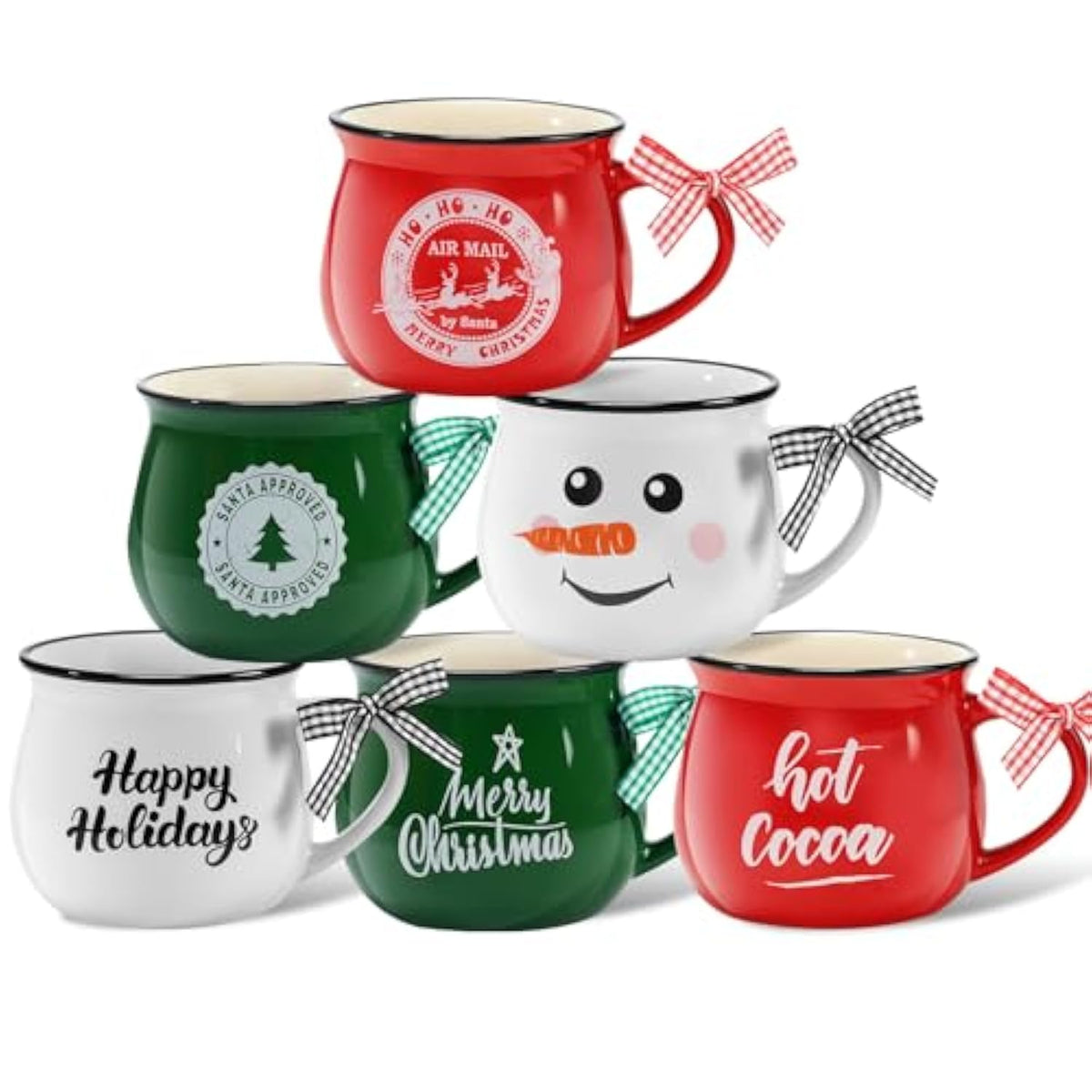 Christmas Coffee Mugs Set Of 6, 12 Oz Ceramic Mug Gift Holiday Hot Cocoa For Family Mom Woman Friend Farmhouse(Snowman Style)