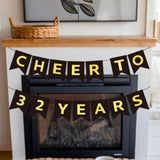 Cheers To 32 Years Banner, Black Gold, 7.9" X 197" Fishtail Pennant, 32Nd Birthday & Anniversary Occasion, Indoor/Outdoor Use