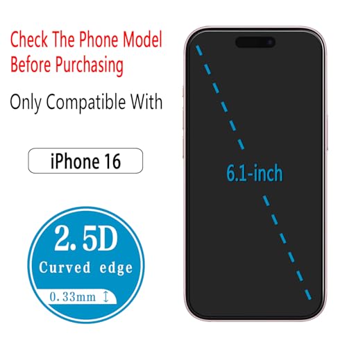 (2 Pack) Designed for iPhone 16 Tempered Glass Screen Protector, Full Coverage, Anti Scratch, Bubble Free