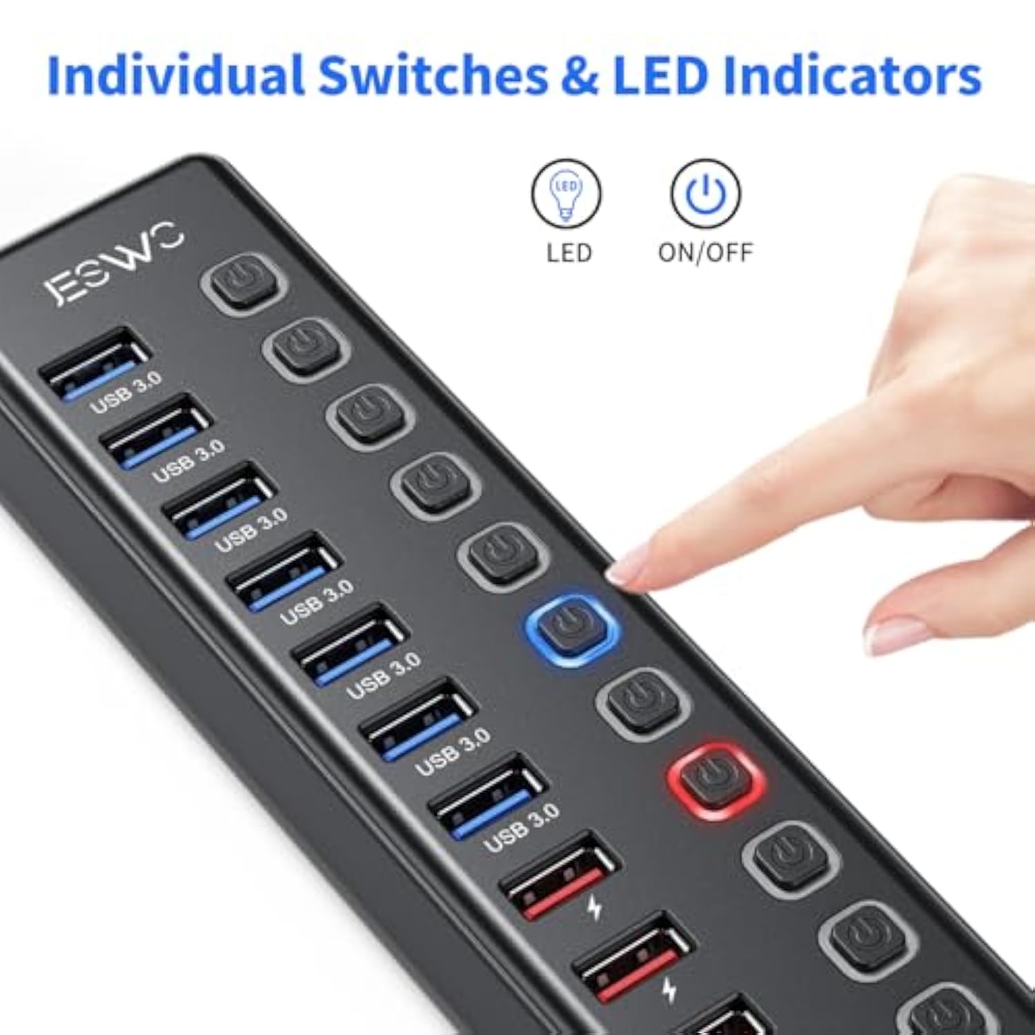 Powered Usb Hub, 11-Port Usb 3.0 Hub (7 Data Transfer Ports + 4 Smart Charging Ports) With Individual Led On/Off Switches, Usb Hub Powered With 12V/3A Power Adapter For Mac, Pc