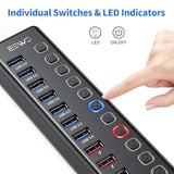 Powered Usb Hub, 11-Port Usb 3.0 Hub (7 Data Transfer Ports + 4 Smart Charging Ports) With Individual Led On/Off Switches, Usb Hub Powered With 12V/3A Power Adapter For Mac, Pc