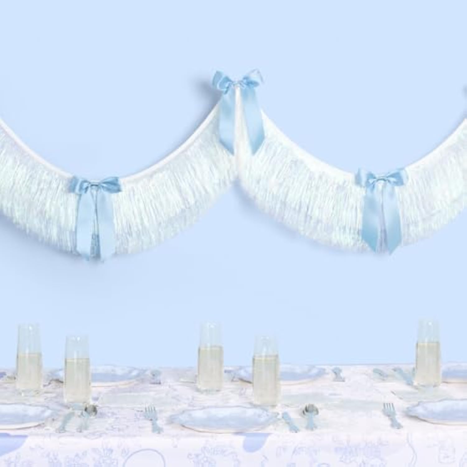 Blue White Bow Fringe Banner - Iridescent, 6 Ft. | Something Blue Bachelorette Decoration, Bridal Shower Decor, Engagement Photoshoot Backdrop