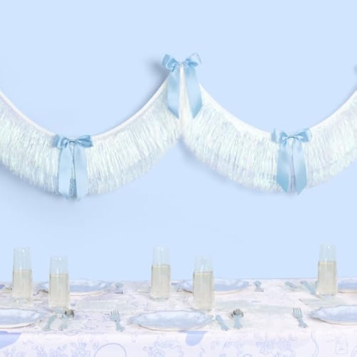 Blue White Bow Fringe Banner - Iridescent, 6 Ft. | Something Blue Bachelorette Decoration, Bridal Shower Decor, Engagement Photoshoot Backdrop