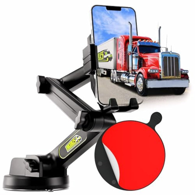 Phone Mount For Truck Phone Holder For Truck - Heavy Duty Suction Cup + Dashboard Pad, Mobile Device Holder For Dashboard Window 16.9 Inch Long Arm, Iphone Samsung Compatible, Big Rig Trucker, Black
