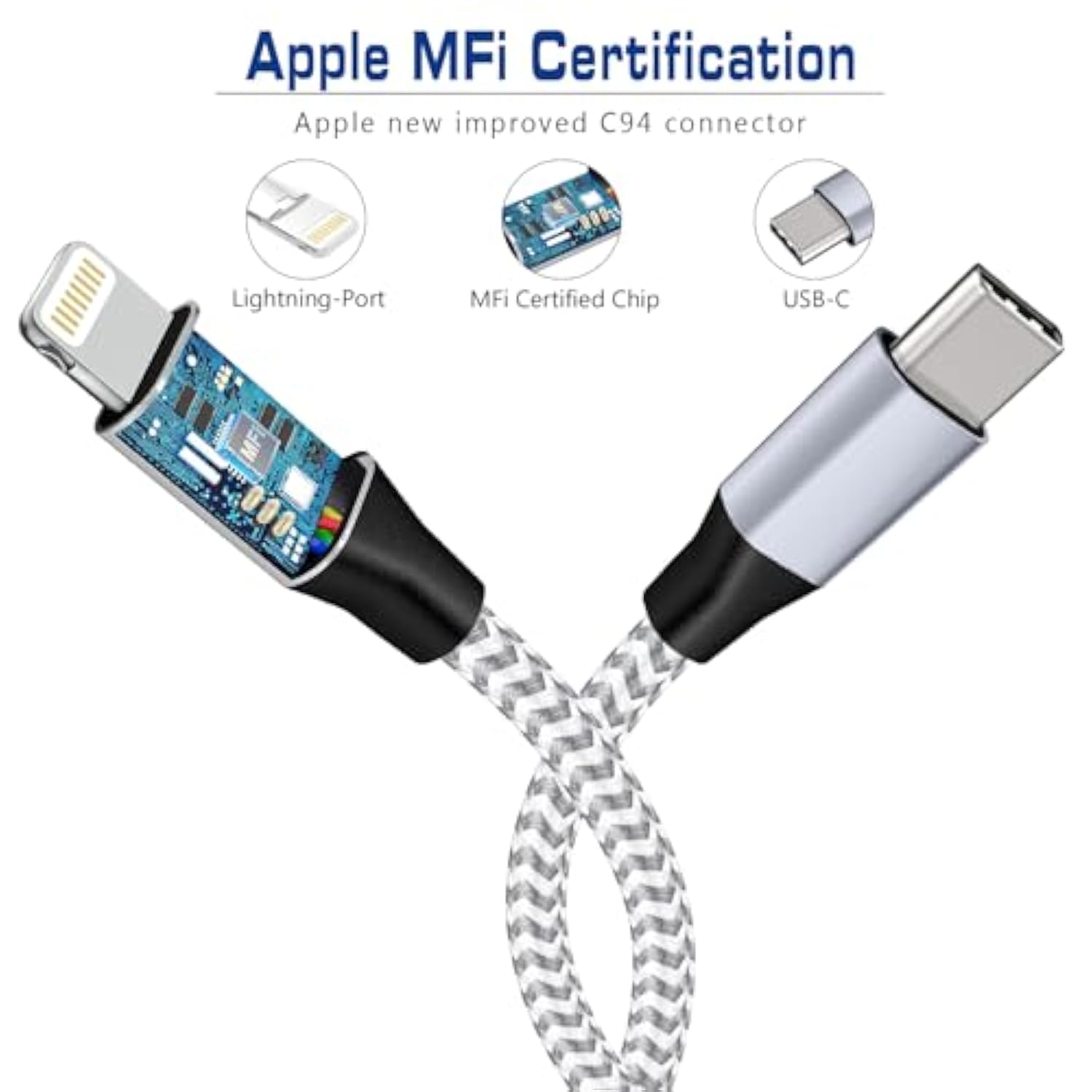 1Ft 2Pack Usb C To Lightning Cable Short, Mfi Certified, Power Delivery, Nylon Braided, Fast Charging For Iphone14/13/12/11/8/Xr/Xs/X/8 Plus/Se/Ipad