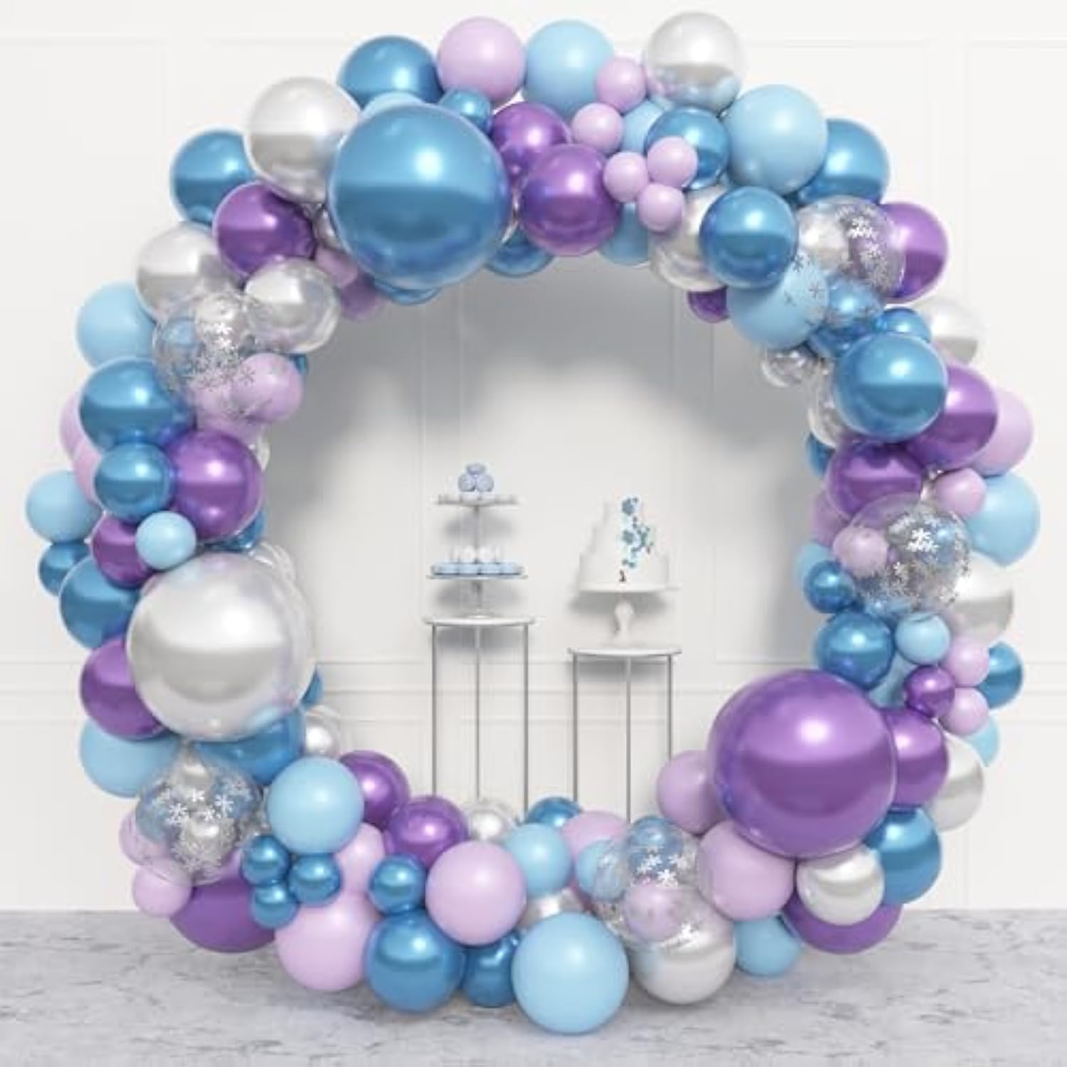 153Pcs Blue Purple Balloon Garland Arch Kit, Different Sizes 18 12 10 5 Inch Blue Purple Pearlescent Metallic Confetti Snow Balloons For Princess Winter Wonderland Girl Baby Party Decorations