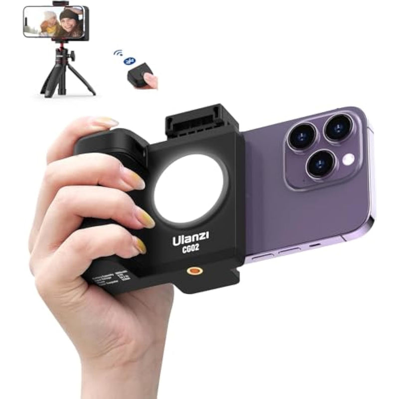 ULANZI CG02 Ungraded Smartphone Camera Shutter Handle Grip w Detachable Wireless Bluetooth Remote Control,Three-Gear Adjustable Fill Light for iPhone Samsung Google OnePlus Phones Video/Photo Shooting