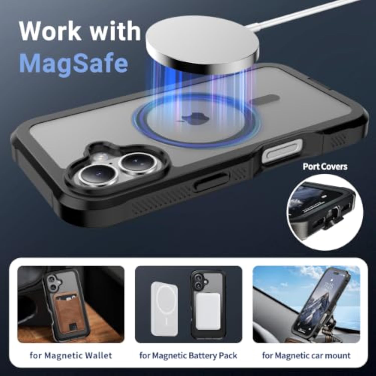 Heavy Duty Magnetic Case for iPhone 16, Black, 6.1 Inch Screen Protection